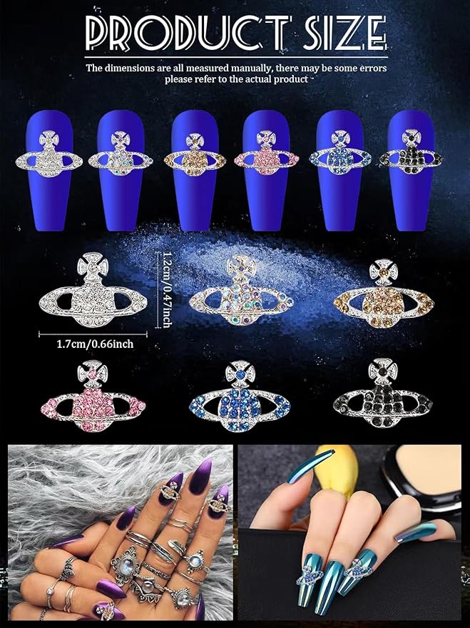 24Pcs Planet Nail Charms, CYHYII 3D Y2K Saturn Nail Art Charms Exquisite Rhinestones Gems Diamond Nail Accessories for Women Girls Nail Art Design DIY Craft Crystals Jewelry(6 Colors)