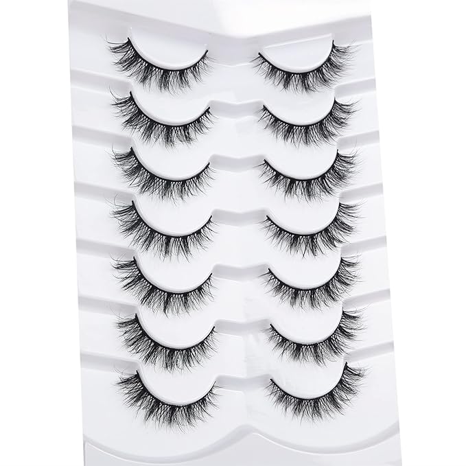 Pooplunch False Eyelashes Cat Eye Lashes Natural Cluster Extension Look Wispy Short Volume 8D Faux Mink Lashes Fake Eyelashes Strips 7 Pairs Pack