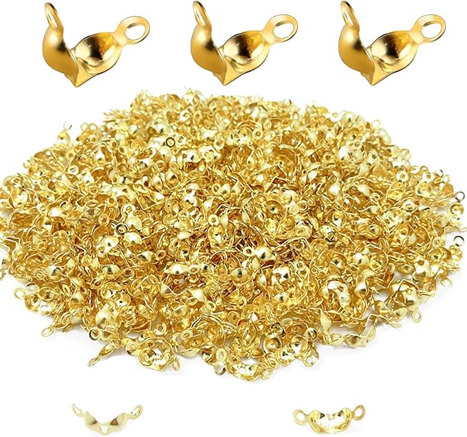 1600Pcs Bead Tips Knot Covers Clamshell Fold-Over Bead Tips Knot Covers Metal Open Bead Tips Knot Covers Iron Clamshells Terminators Wire Crimp End Caps for Jewelry Making Craft DIY,Gold