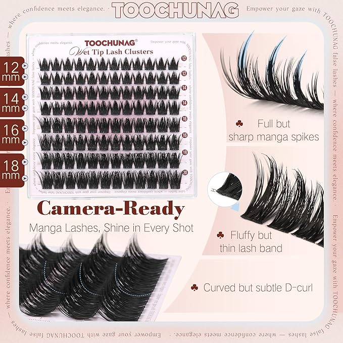 TOOCHUNAG Anime Lash Clusters 12-20mm Manga Eyelash Clusters Volume Cluster Eyelash Extensions D Curly Lashes Clusters DIY Lash Extensions Wispy Individual Lashes