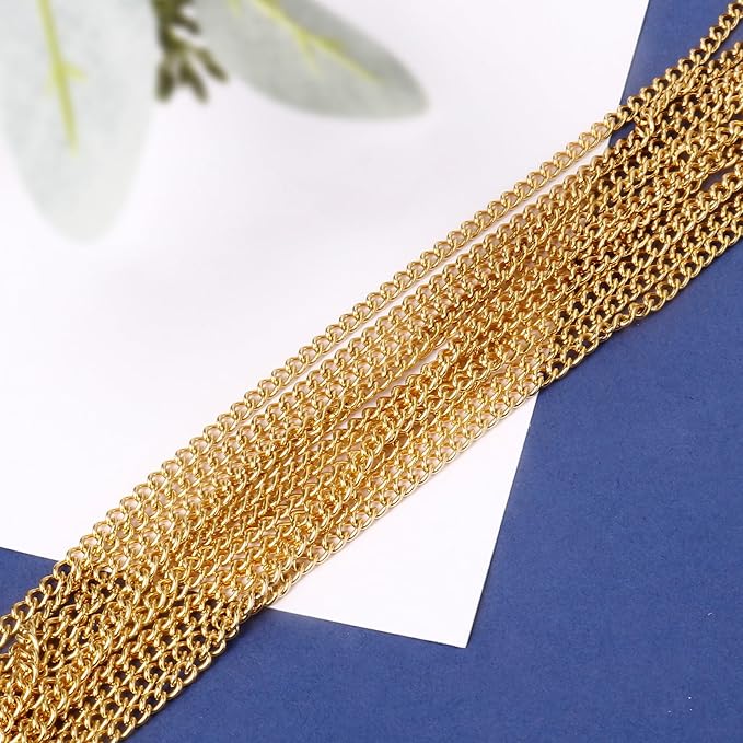 [33 FT] 18K Gold PVD Plated Curb Chains Bulk for Jewelry Making, 2mm 304 Stainless Steel Flat Twisted Links Curb Chains Roll Spool for Jewelry Making DIY Craft
