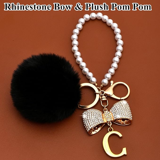 Gold Initial Keychain with Rhinestone Bow & Black Pom Pom, Cute Letter Bag Charm for Women Purse and Car Keys