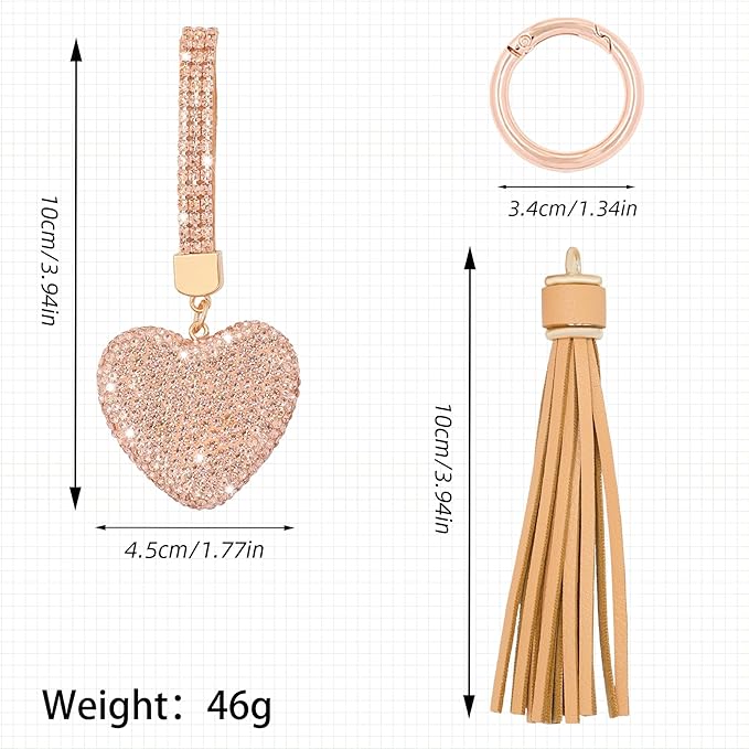 Heart Shape Rhinestone Glitter Keychains for Women Charms Purse Crystal Tassel Car Key Rings Backpacks