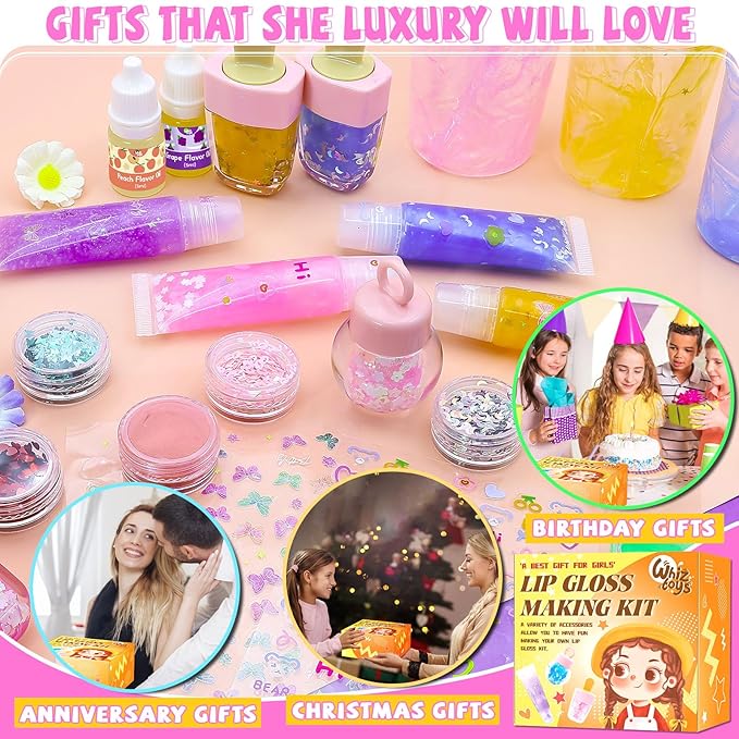 WhizToys DIY Lip Gloss Making Kit,Make Your Own Lip Glosses Set,10-12 Teen Girl Gifts for Makeup Lover Beginner,Tween Girls Trendy Stuff,200ml Lipgloss Base
