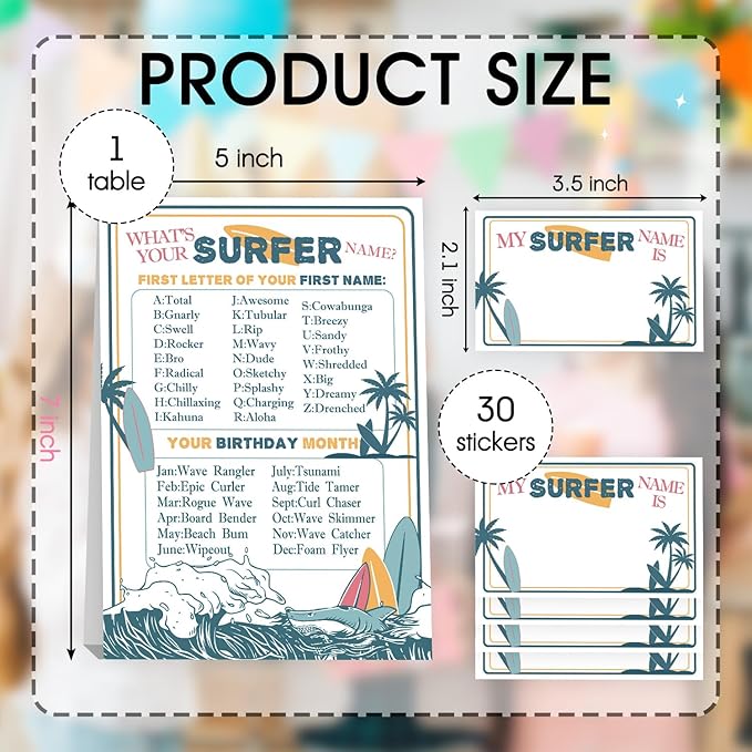 Surfer Birthday Party Decorations, Birthday Games Decorations with 1 Activity Sign for Girls Holiday 30 Cards for Kids Baby Shower Tea Activity Favors