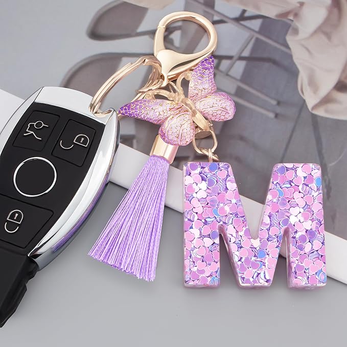 Initial letter Keychains for Women Girls Tassel Butterfly Cute Keychain for Wallet Backpack charm