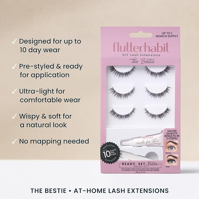 FlutterHabit Bestie Ready Set Starter Kit, DIY Eyelash Extensions, Lash Clusters for Women, Professional Quality At Home Eyelash Extension Kit, Natural False Lashes, 3 Lash Sets, Lash Glue Included
