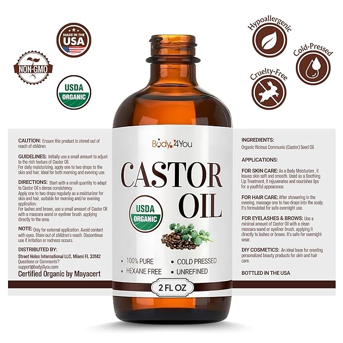 BodyJ4You Organic Castor Oil - 100% Pure Natural Cold Pressed USDA Certified Organic - Hexane Free Unrefined Non GMO - Lashes & Eyebrow Kit Mascara Tube Brush Wand Hydrating Oil - Glass Bottle 2oz