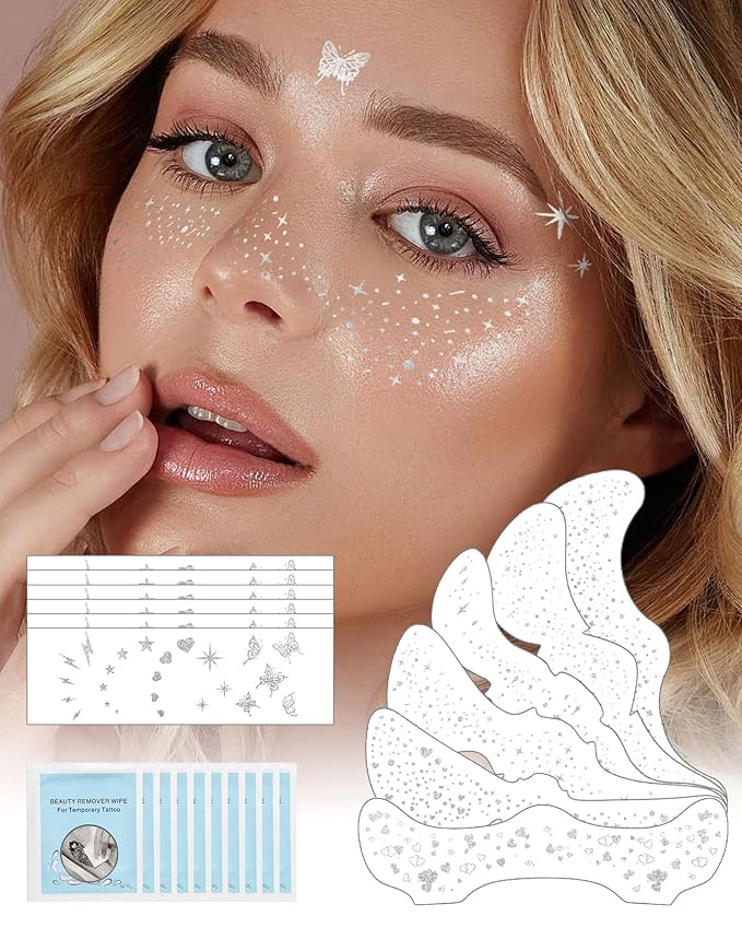 SUMEITANG Glitter Freckles Face Tattoo Patches - 12PCS Temporary Sparkle Face Stickers with 10 Remover Wipes | Waterproof Festival Rave Party Makeup Accessories for Women Girls (Silver)