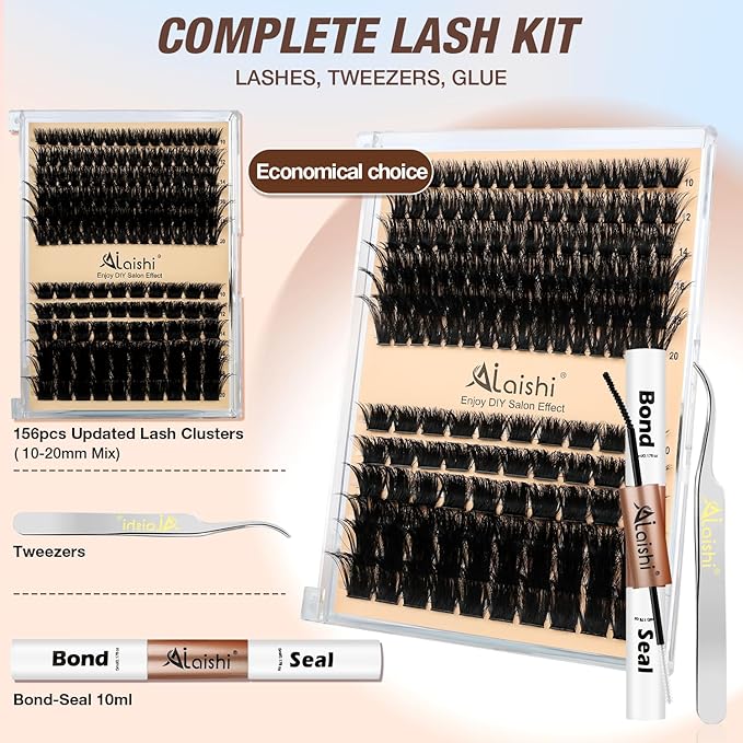 AILAISHI Lash Clusters Kit, DIY Cluster Eyelash Extensions 10‑20mm, 100D+200D, 156pcs Fluffy D Curl Natural Lashes with Bond & Seal,Tweezers–Fake Cat Eye Individual Clusters
