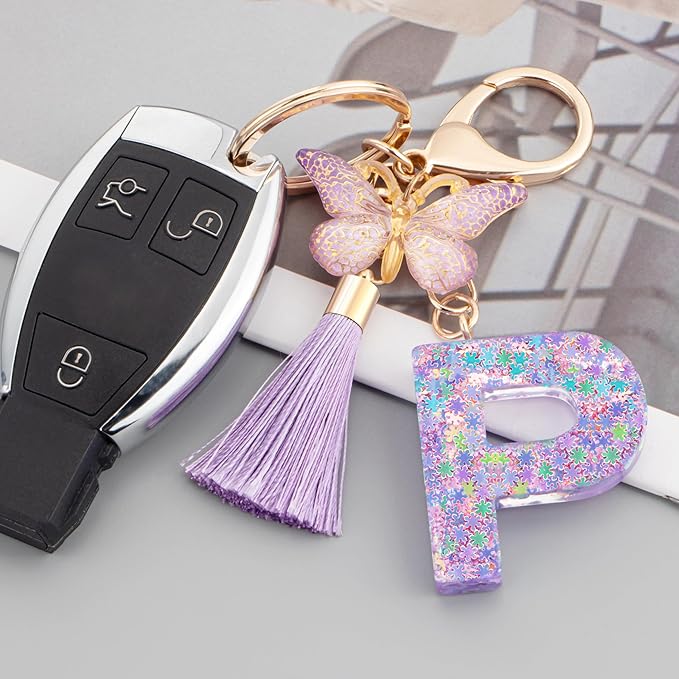 Suweibuke Cute Pink Key Chains for Women Girls, Initial Letter Keychains with Tassel, Charms for Key Purse Handbags Backpacks