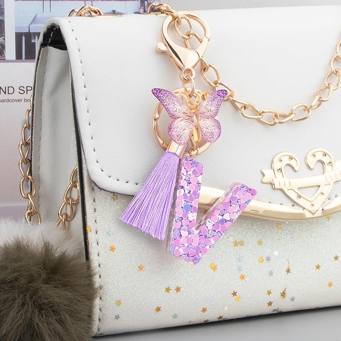 Initial letter Keychains for Women Girls Tassel Butterfly Cute Keychain for Wallet Backpack charm