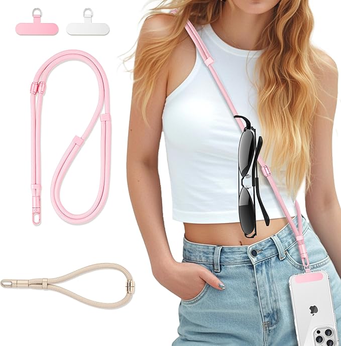 3-in-1 Cell Phone Lanyard 1 Pack + Wrist Strap 1 Pack - Convertible Crossbody Strap with Locking Knob Friendly, Adjustable Neck Lanyard for Gym/Work/Travel Essentials(Pink)