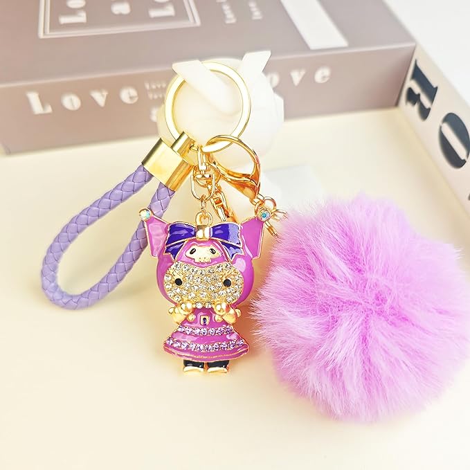 Cute Keychain for Women with Braided Rope, PomPom and Sparkling Rhinestones - Kawaii Charm for Kinds of Bags