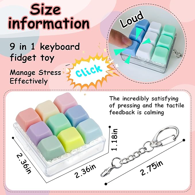 2 Pack 9 in 1 Keyboard Fidget Toy, Keyboard Fidget Keychain Anti-Stress Keyboard Decompression Button Finger Clicker Toys Stress Relief Fidget Gifts (Macaron,White)