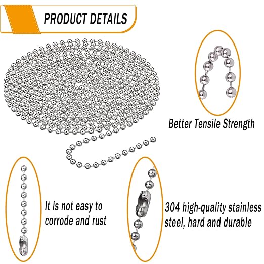 33Ft Ball Bead Chains, 3.2mm 304 Diameter Stainless Steel Chain with 50 PCS Connectors for Jewelry Chain DIY Craft Making, Necklace, Hanging Ornament, Key Chain, Dog Tag Chain