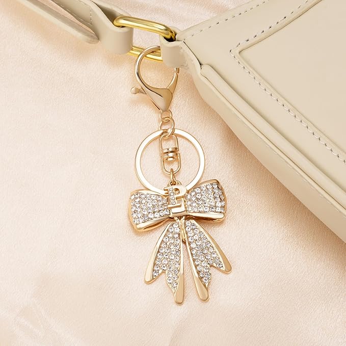 XGALBLA Sparkly Cute Initial Letter Rhinestone Bow Keychain for Women Gold Tone Bag Charms Coquette Aesthetic Purse Charms