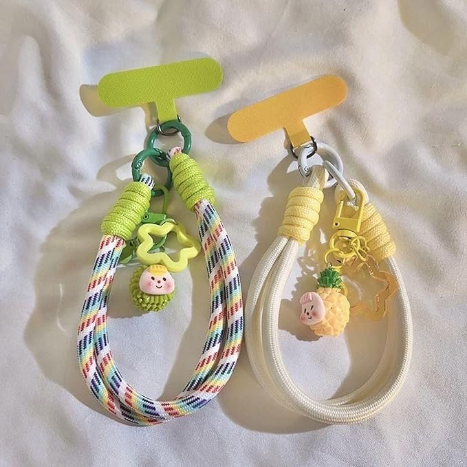 Dopamine Vibes Universal Wrist Strap - Korean-Style Short Phone Lanyard with Cute Green Durain Charm, 7mm Rope, Trendy Anti-Theft Tether for Girls, Includes Pendant & Nylon Phone Tab