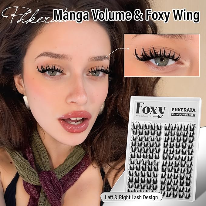 PHKERATA Cat Eye Lash Clusters Kit Fairy Eyelash Clusters Spiky Lash Extension Kit Left & Right Wispy Cluster Eyelash Extensions DIY Fox Eye Individual Lashes with Clear Bond and Seal Tweezers