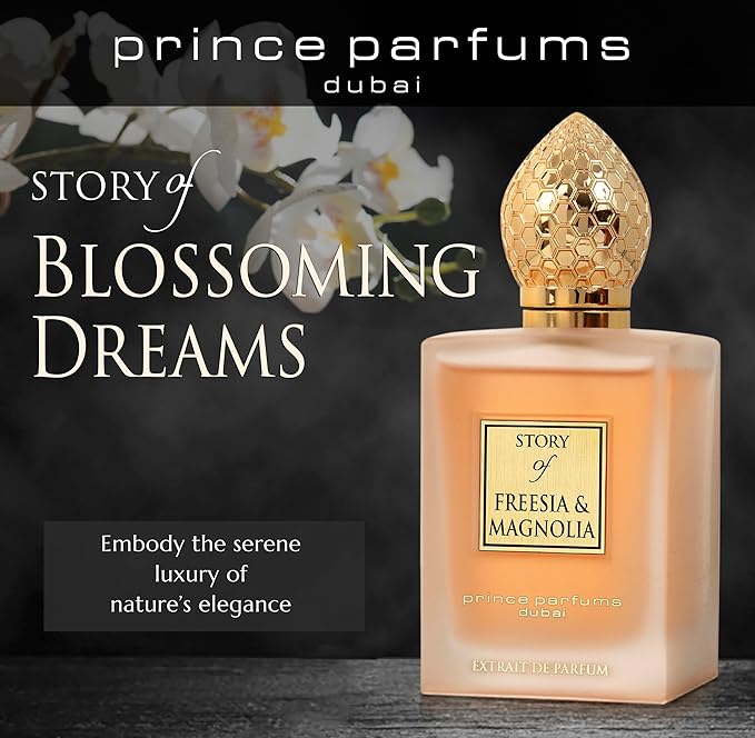 Prince Parfums Dubai - Story of Freesia Magnolia For Women - 3.4 Ounces - Extrait de Parfum - Delicate Bouquet of Freesia, Magnolia - Essence of Femininity & Beauty