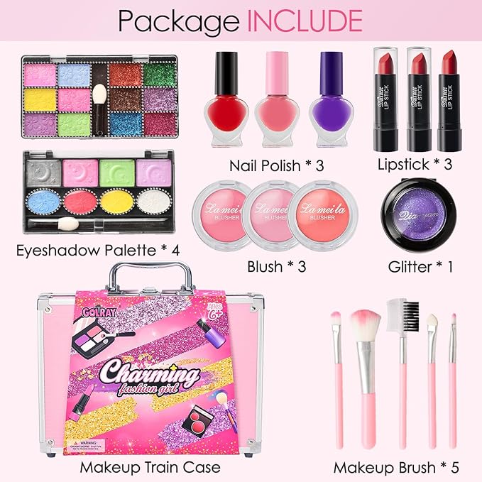 Golray Teen Makeup Kit for Girls Ages 8-12, Starter Full Make up Set With Train Case / 4 Eyeshadow Pallets/Blush/Lipstick/Brush, Kid Birthday Gift Beauty Toy for Girl 9 10 11 12 Years