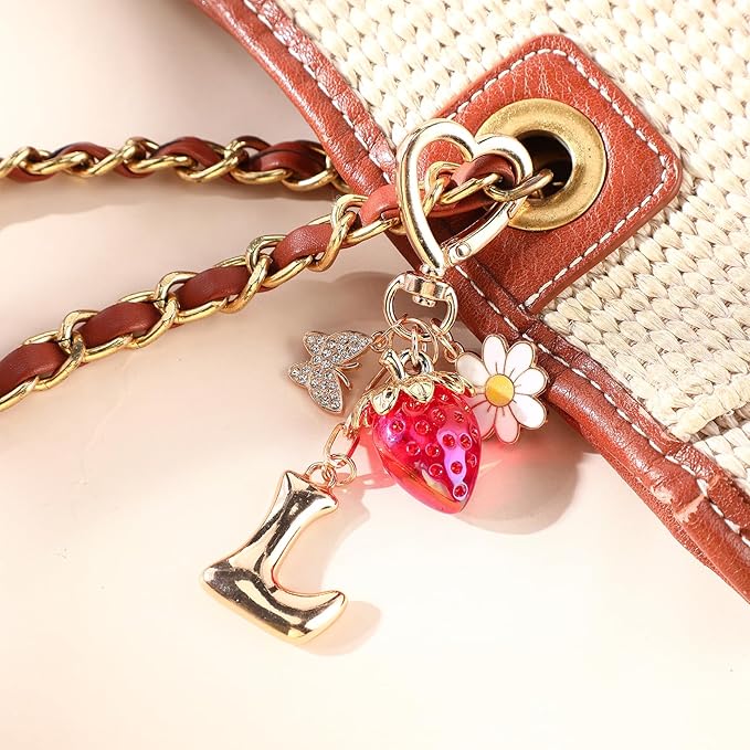Strawberry Initial Keychain for Women-Cute Kawaii Gold Alphabet Bag Charms, Key chain Gift for Purse Handbag