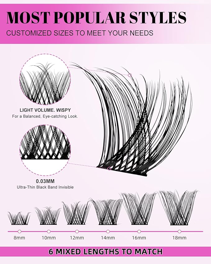 Energy Lash Clusters Wispy 8-18mm Eyelash Clusters Natural Look Lightly Fluffy D Curl - WideSpan DIY Eyelash Extensions Kit Individual False Lash Kit with Ultra-Thin Invisible Black Lash Band