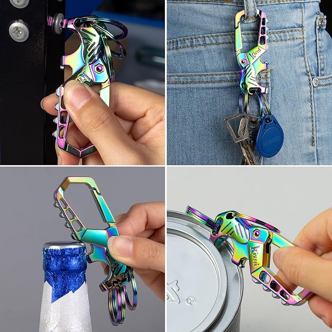 Heavy duty metal keychains, Carabiner clip Car key chains,Fashion family keychain bottle opener and 3 Key Rings suitable for men and women.(Black+Multicolor)