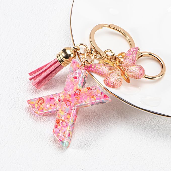 Initial letter Keychains for Women Girls Tassel Butterfly Cute Keychain for Wallet Backpack charm