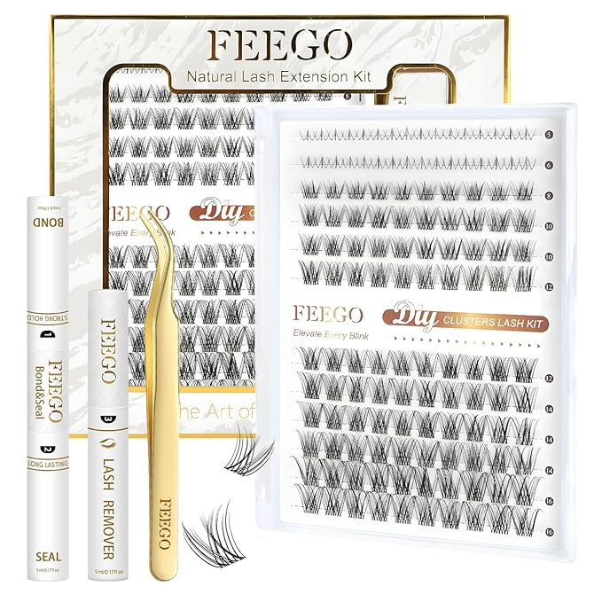 FEEGO Natural Mix Lash Kits 12 Row Upper Lash + Lower Lash Set 132pcs Lashes, Complete Eye Makeup Set 3D Curl Adapts to a wide range of eye shapes (Includes Lash Bond/Seal Glue/Remover/Tweezers)