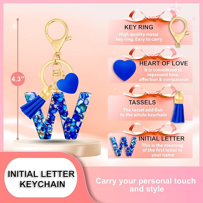 Initial Keychains for Women with Cute Heart Resin - Alphabet Letter Keychain for Bag, Backpacks, Purse or Car key