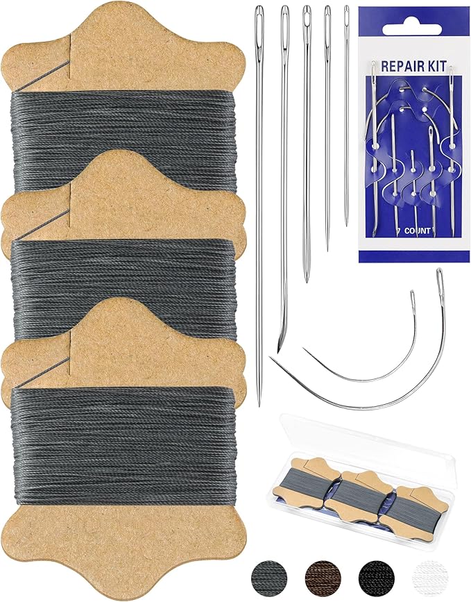 FIVEIZERO Upholstery Repair Sewing Kit, Leather Sewing Kit, 63 Yards Upholstery Thread& 7Pcs Heavy Duty Needles, Leather Thread, Curved Needles for Quilting & Hand Stitching (Grey)
