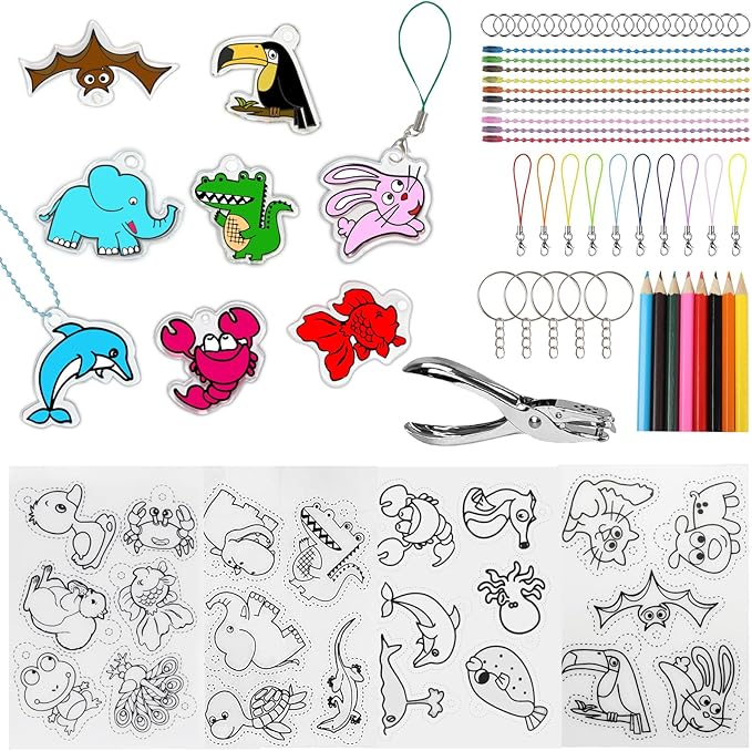 58PCS Shrink Dink Sheets Keychain Kit, with 4PCS 7.9"x5.7" Pre-Printed Animal Shrink Papers, 54PCS Keychain Accessories & Tools for Kids & Adults DlY Crafts, Great Thanksgiving & Christmas Ornaments