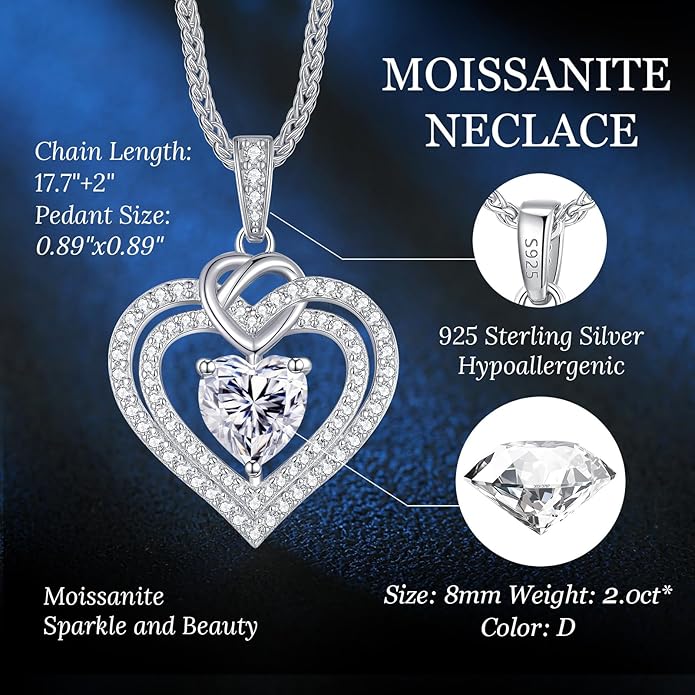 OOBEE Moissanite Heart Necklaces for Women, 1- 4 Carat Moissanite 925 Sterling Silver Gold Plating Fine Women Necklace，Ideal Anniversary Birthday Christmas Valentine Mothers Day Jewelry Gifts for Mom Wife Her Girlfriend