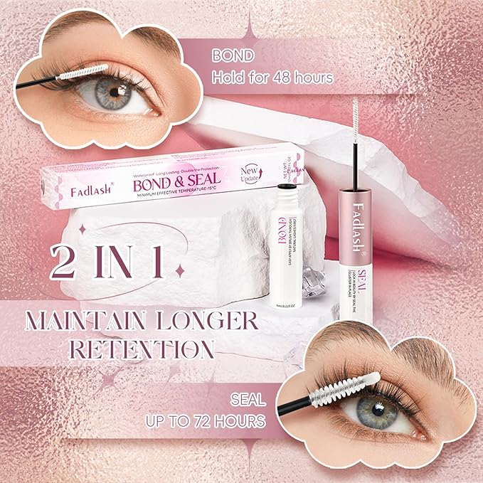 FADLASH Lash Bond and Seal 12ml Waterproof Lash Cluster Glue for Eyelash Clusters Super Strong Hold 48-72 Hours Eyelash Glue Clear