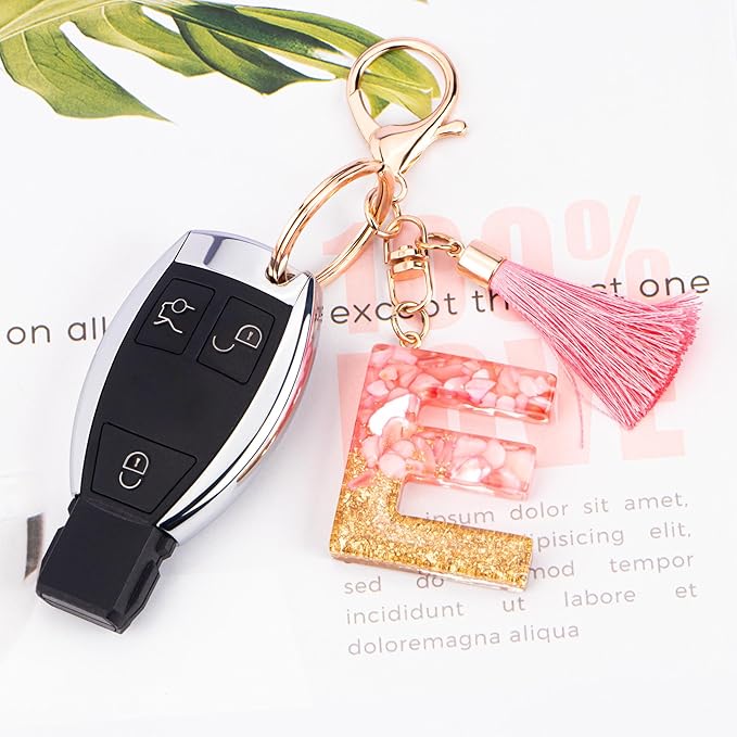 Suweibuke Cute Pink Key Chains for Women Girls, Initial Letter Keychains with Tassel, Charms for Key Purse Handbags Backpacks