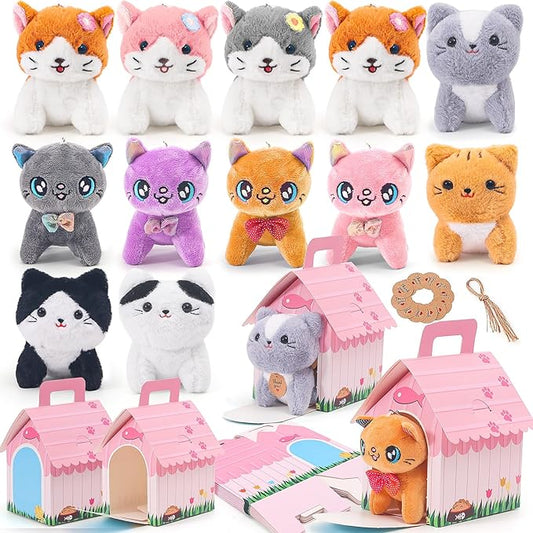 12 Pcs Mini Plush Kitty Set Stuffed Cats, Cat Party Favors with Keychain Gift Toys with Carton House, Kids Birthday Christmas Party Gift