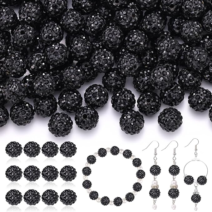 200 Pcs Black Rhinestone Beads for Jewelry Making, Sparkle Crystal Clay Christmas for Bracelet Baseball Necklace Earring Crafting and DIY, Shiny Round Shamballa Disco Ball Beads Bulk