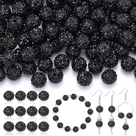 200 Pcs Black Rhinestone Beads for Jewelry Making, Sparkle Crystal Clay Christmas for Bracelet Baseball Necklace Earring Crafting and DIY, Shiny Round Shamballa Disco Ball Beads Bulk