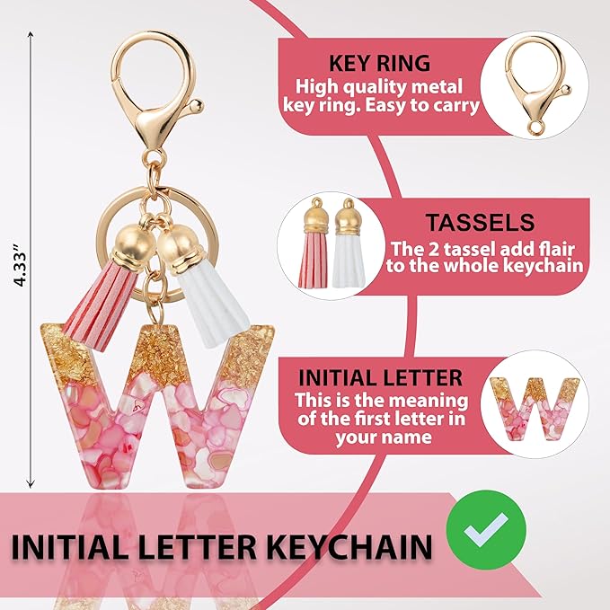 Initial Letter Keychain Cute Resin with 2 PU Tassel, Letter Keychain for Backpack Charms, Initial Keychains for Women