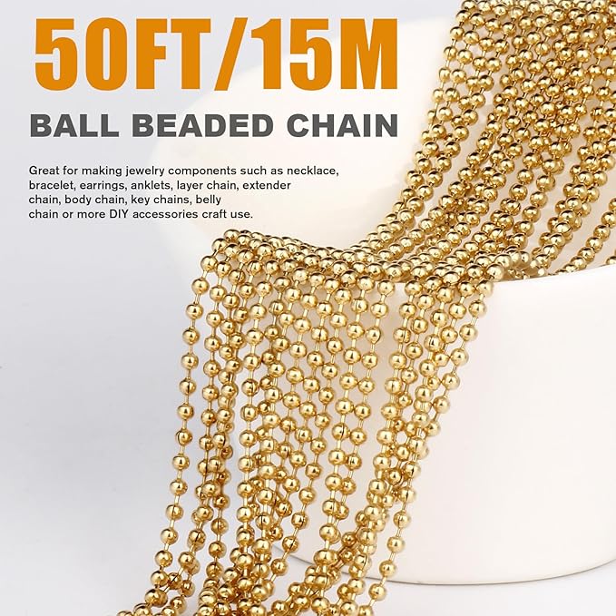 50FT 18K Gold PVD Plated Ball Bead Chains Roll, 2mm Gold Stainless Steel Ball Beaded Chains Spool with 30 PCS Connectors Bulk for Jewelry Making