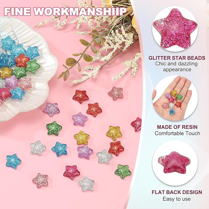 PATIKIL 30 Pcs Flat Back Resin Star Beads, Glitter Star Charms Bulk Mini Star Shape Flat Back Beads Embellishments for DIY Crafts Phone Case, Rose Red
