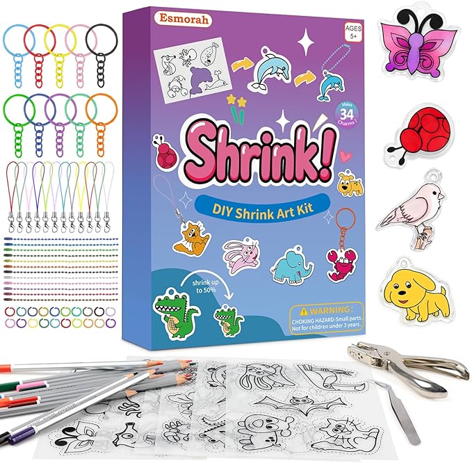 74PCS Shrink Dink Sheets Keychain Kit, Shrink Plastic Sheets with 6PCS 7.9"x5.7" Patterned Shrinking Film Art Paper for Kids DIY Crafts, Thanksgiving & Christmas Ornaments, White Elephant Gift