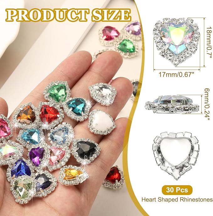 PATIKIL 30PCS Heart Rhinestones, Sew on Rhinestones Buttons Crystal Heart Nail Charm Embellishment Flatback Diamond for Sewing DIY Clothing Wedding, AB Color