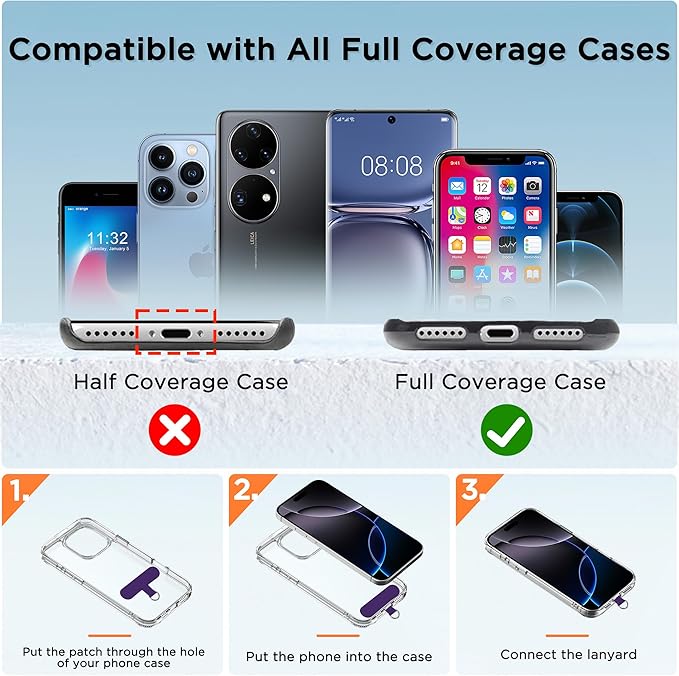 3-in-1 Cell Phone Lanyard 1 Pack + Wrist Strap 1 Pack - Convertible Crossbody Strap with Locking Knob Friendly, Adjustable Neck Lanyard for Gym/Work/Travel Essentials(Purple)