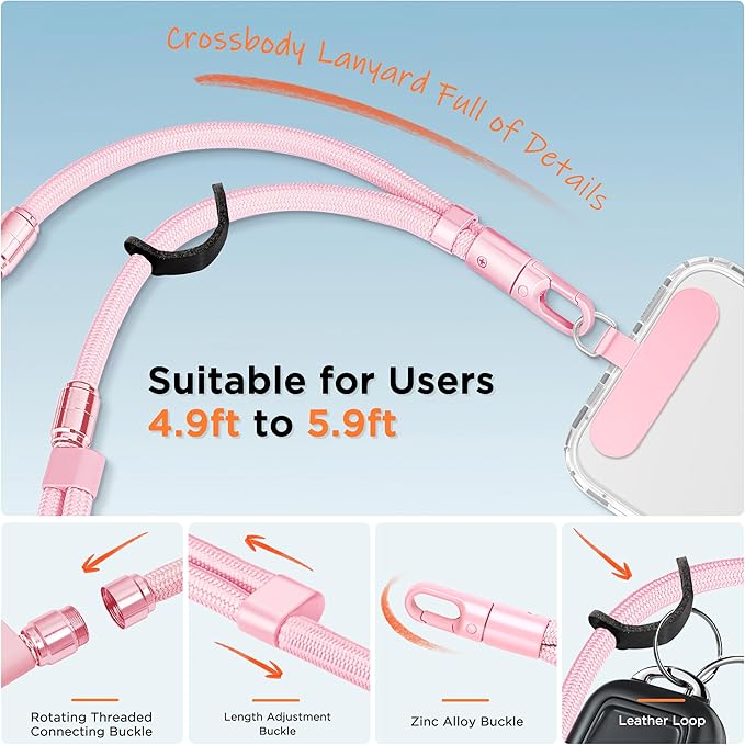 3-in-1 Cell Phone Lanyard 1 Pack + Wrist Strap 1 Pack - Convertible Crossbody Strap with Locking Knob Friendly, Adjustable Neck Lanyard for Gym/Work/Travel Essentials(Pink)