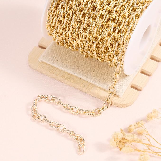 BORUINIE 33 Feet Gold Plated Rolo Chains Textured Oval Link Aluminum Chain Roll Bulk for DIY Necklace Jewelry Making