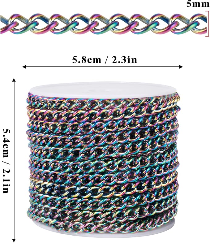 33FT Colorful Stainless Steel Curb Chains Roll, 5mm 304 Stainless Steel Multi Color Flat Twisted Links Curb Chains Bulk Spool for Jewelry Making DIY Craft