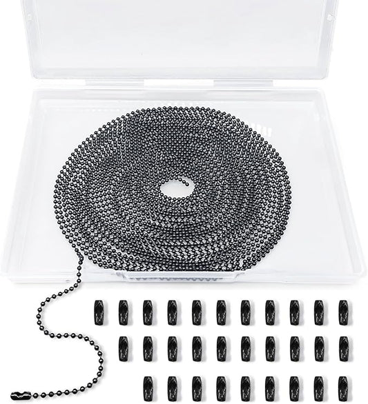 33 Feet Ball Chain Necklace, 2.4mm Ball Bead Chain with 30 Pieces Connectors Clasps,Metal Ball Chain for Dog Tag, Ceiling Fan Pull Chain Extender, Jewelry Making Kit, DIY Crafts (Black)