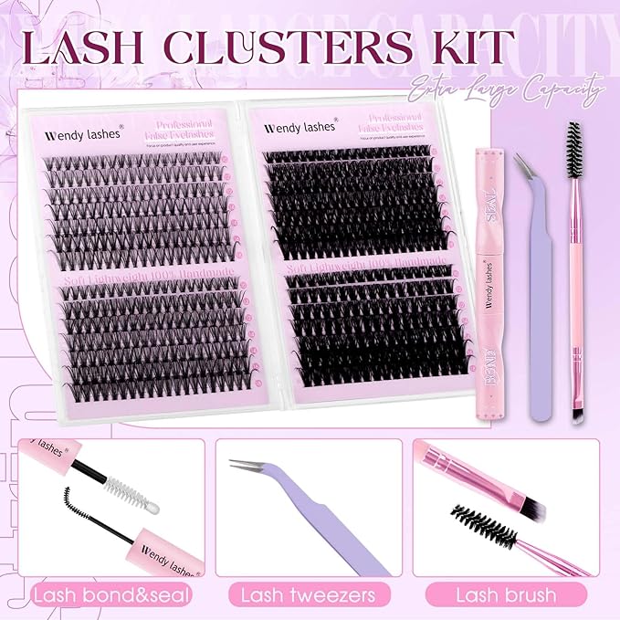 Lash Clusters Kit 30D+40D+60D+80D Wispy Individual Lashes Kit D-Curly Volume Lash Extensions 10-18mm Natural DIY Cluster Lashes Kit for Beginners